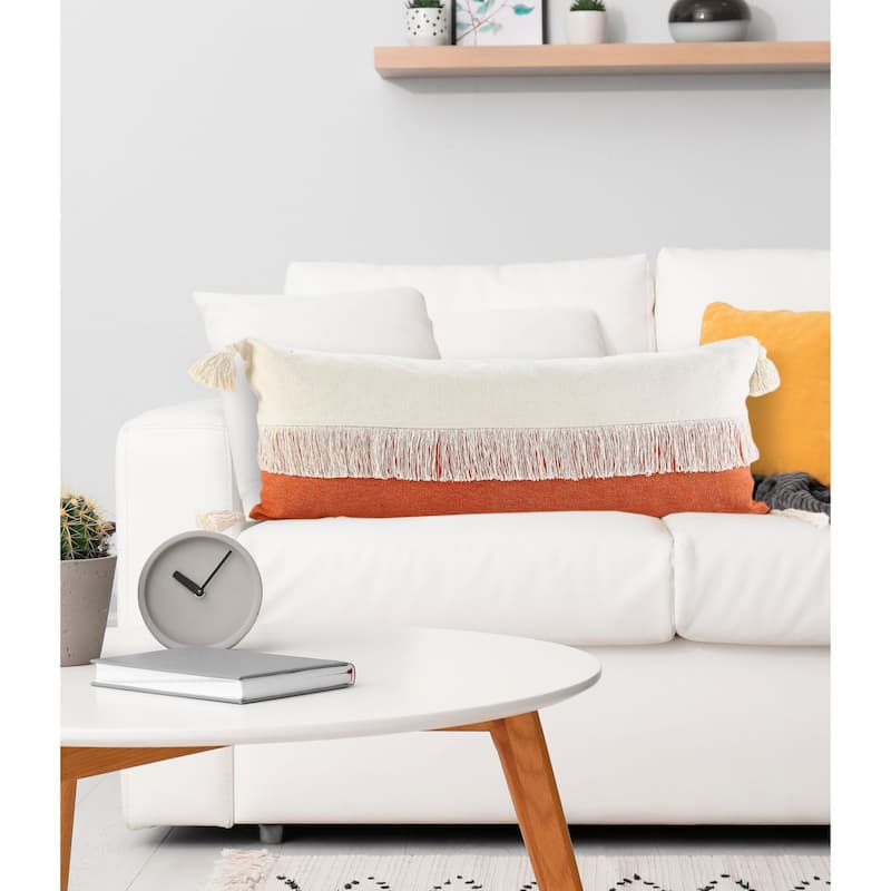 20" Orange and White Fringe Color Block Square Throw Pillow