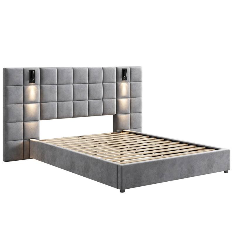 3-Pieces Bedroom Sets,Velvet Upholstered Bed with Grid Pattern Padded Headboard, Nightstands Set of 2 with 2 Drawers