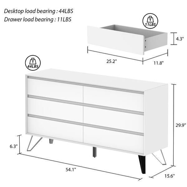 54'' Timechee White 6 Drawer Double Dresser Chest With Metal Legs Bed