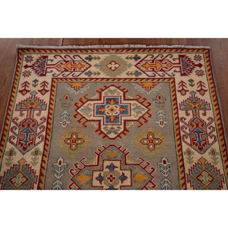 Kazak Oriental Accent Rug Hand-Knotted Beige Geometric Wool Carpet - 3'6" x 4'9"