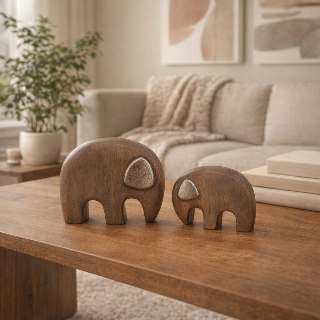 Carved Wooden Elephant Sculpture Objects - Set of 2, 5", 4", Brown - 4.75"