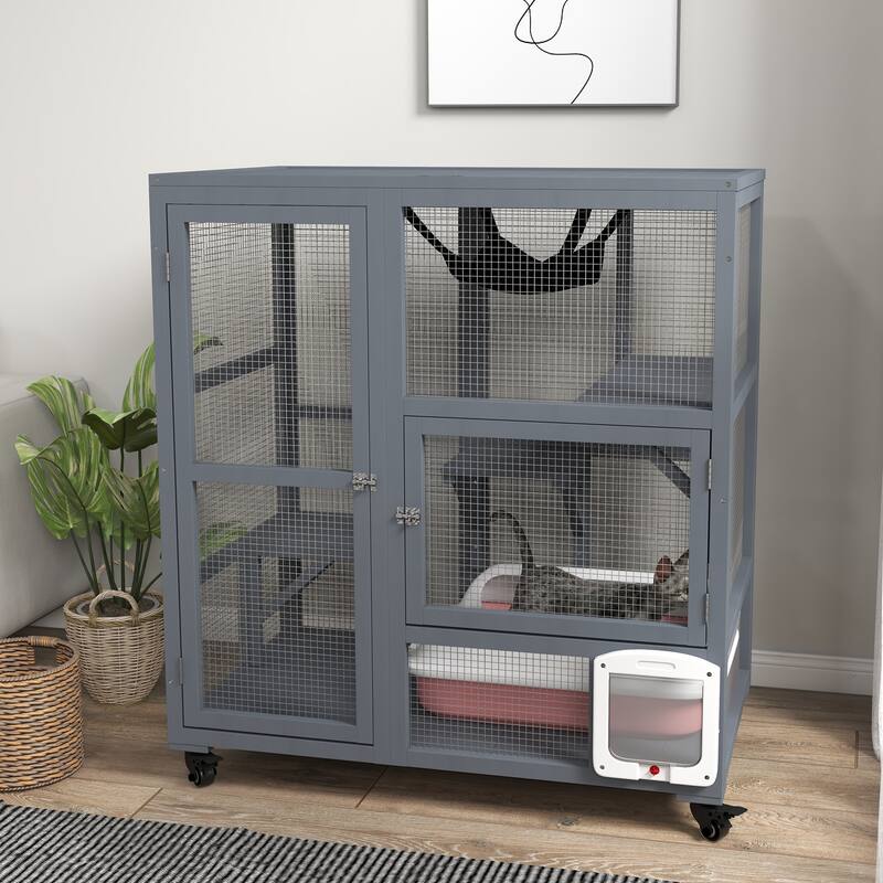 PawHut Large Cat House, Indoor / Outdoor Wooden Cat Catio on Wheels, Cat Enclosure with Platforms, Hammock, Cat Flap Door