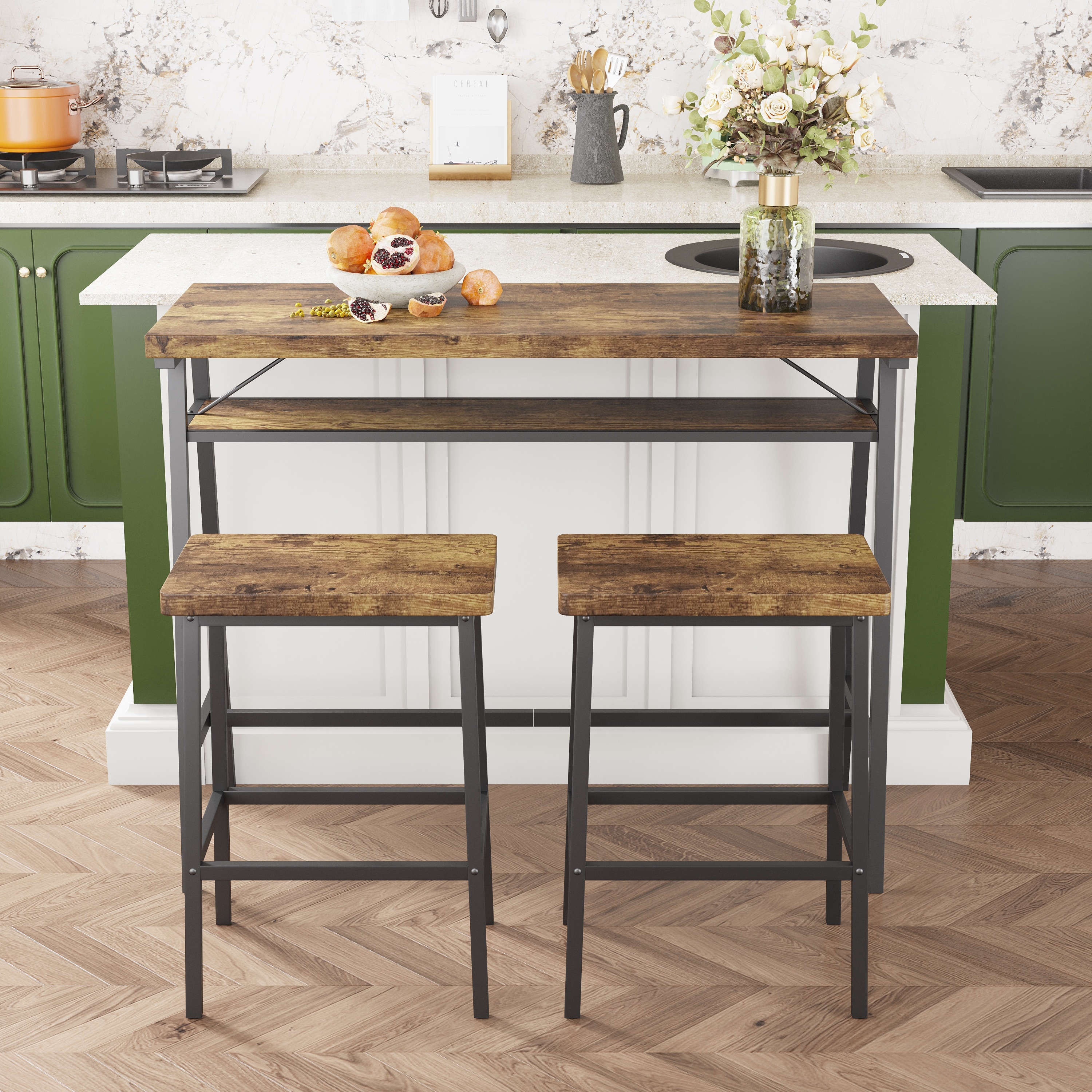 3 Piece Bar Table Set Industrial Style Wood Grain Bar Table and 2
