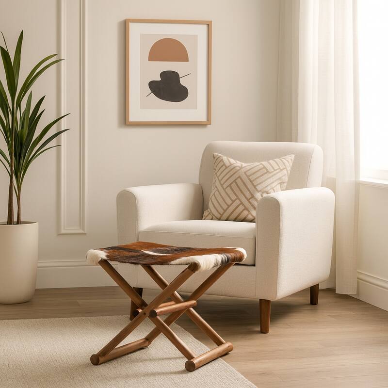 Foldable Backless Cowhide Storage Stool with Solid Wood Frame