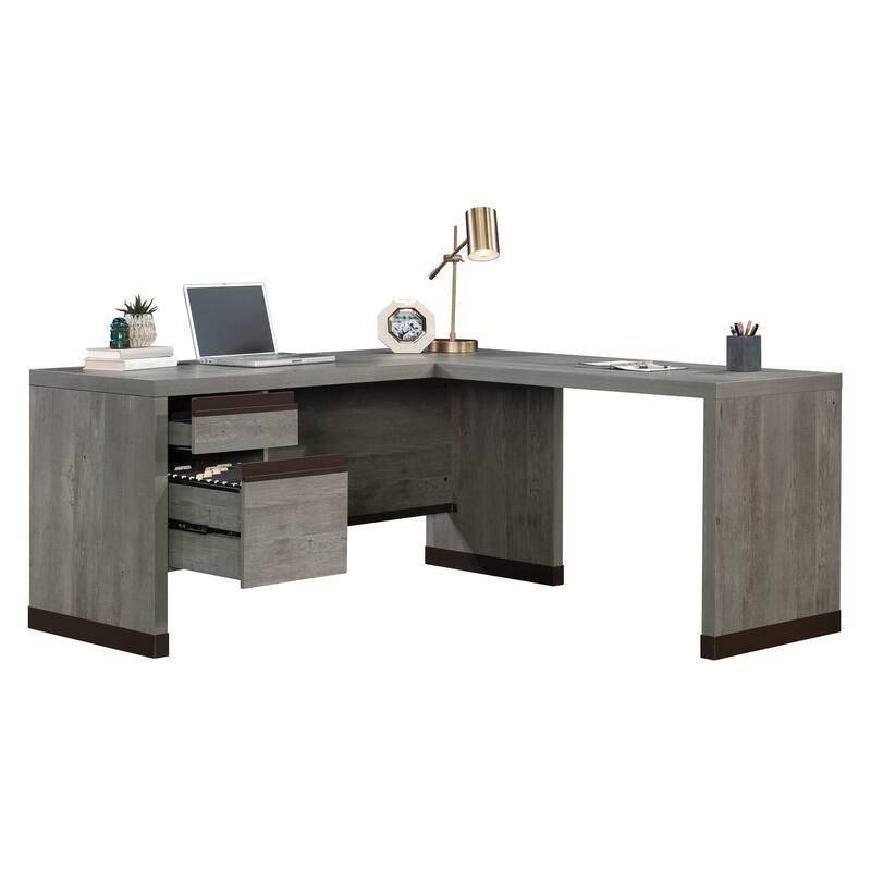 Engineered Wood Contemporary L-shaped Desk with Two Lockable Drawers, Brown