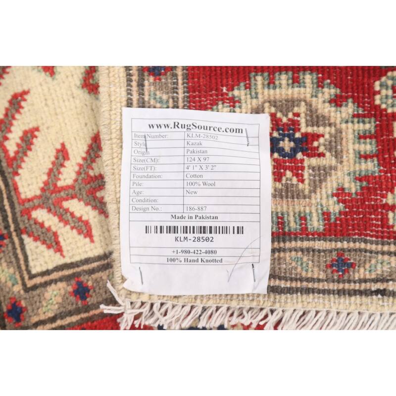 Geometric Kazak Accent Rug Hand-Knotted Beige Wool Carpet - 3'2" x 4'1"