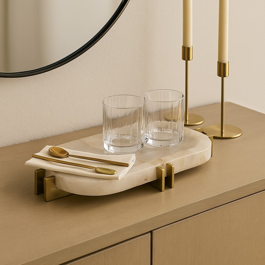 Quartz Accent Tray with Metal Base - Home Decor - 14", White & Gold - 13.5"