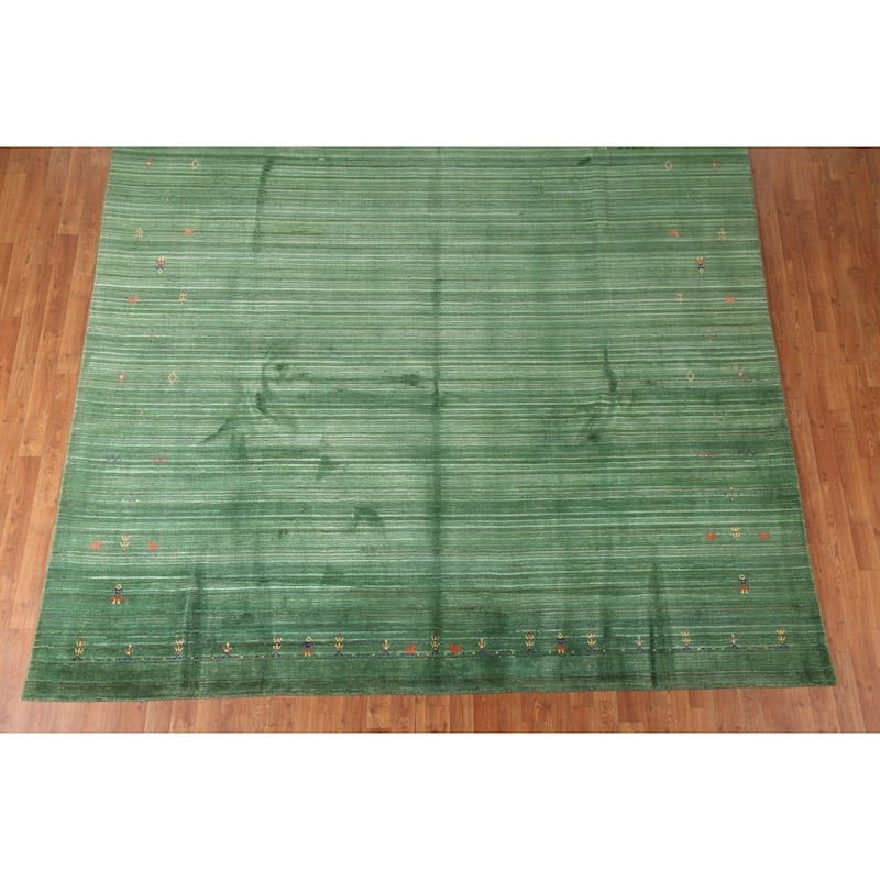 Striped Green Gabbeh Oriental Area Rug Handmade Silk Carpet - 9'1"x 11'5"