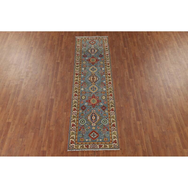Light Blue Geometric Kazak Runner Rug Hand-Knotted Wool Carpet - 2'8" x 9'6"