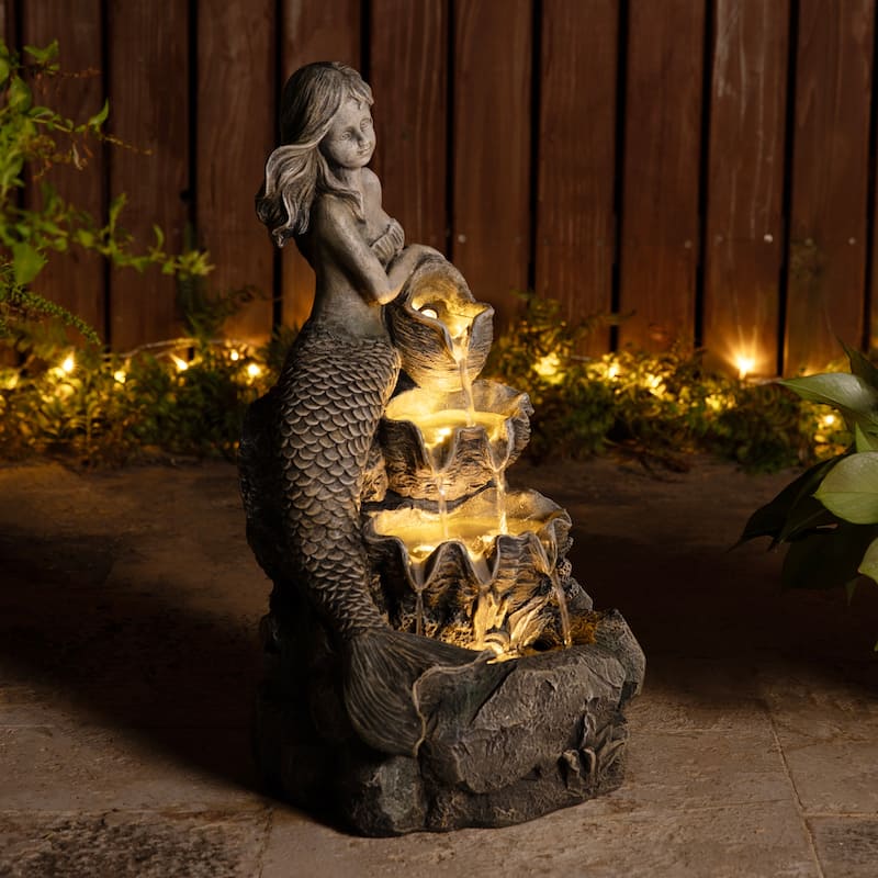Glitzhome 22"H 4-Tiered LED Lighted Mermaid Fairy Polyresin Outdoor Floor Statue Fountains