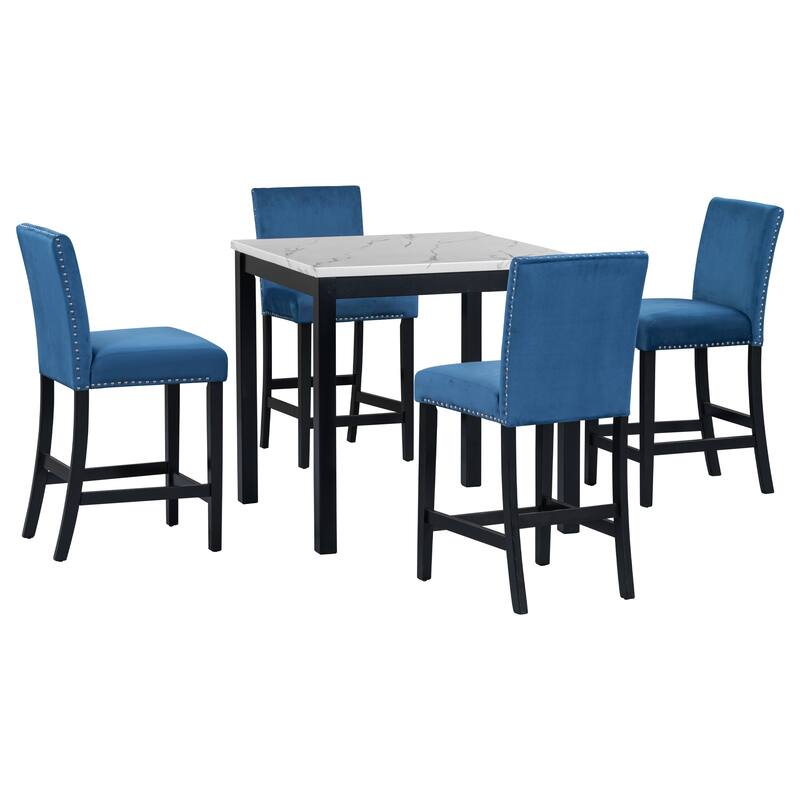 Roomfitters 5-Piece Counter Height Dining Table Set with Faux Marble Square Table and Velvet Upholstered Chairs