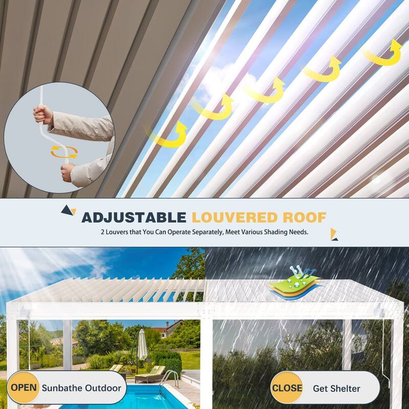 EROMMY Outdoor Louvered Pergola Gazebo with Adjustable Aluminum Rainproof Roof and Pull-Down Screen