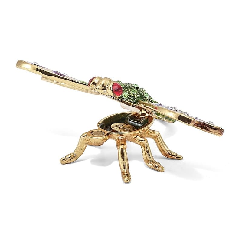 Curata Pewter Bejeweled Crystals Gold-Tone Enameled Dewey Green Dragonfly Trinket Box on 18 Inch Necklace