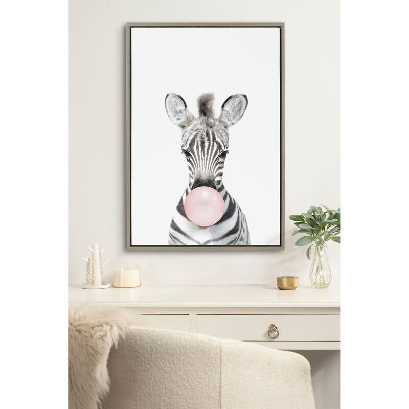 Kate and Laurel Sylvie Bubble Gum Zebra Framed Canvas by Amy Peterson
