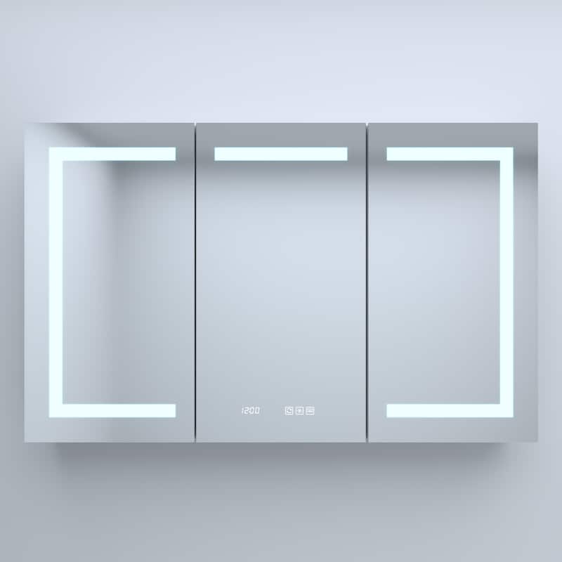 GDFStudio - Delmar Modern Aluminum LED Lighted Medicine Cabinet with Mirror Anti Fog and Digital Clock