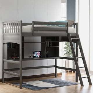 Contemporary Style Twin Size Wood Loft Bed with Ladder,Table Underneath Loft Bed and Spacious Bookshelves
