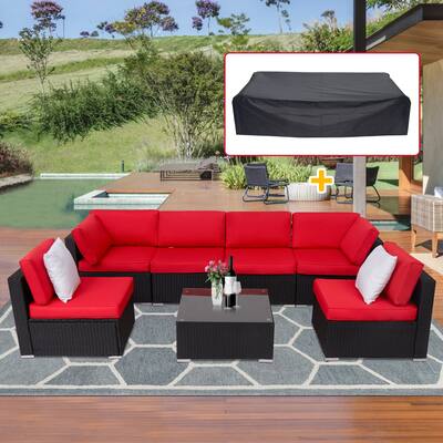 Kinbor 7-Piece Outdoor Wicker Sofa with Patio Furniture Cover, All-Weather Sectional Sofa Bistro Set w/ Cushions & Coffee Table