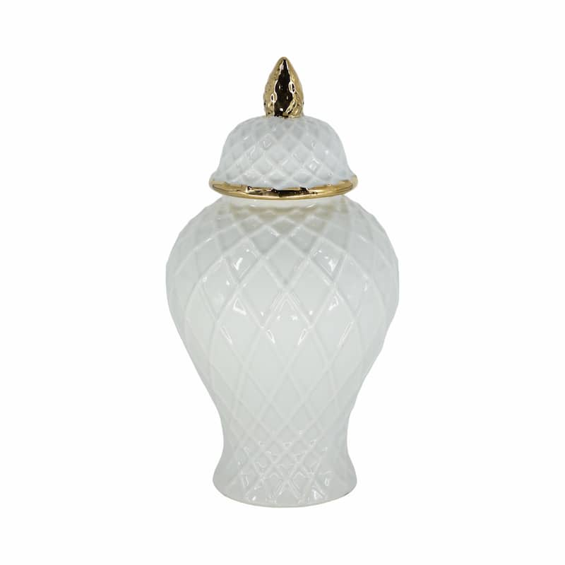 Sagebrook Home Gold Accented Glam Ginger Jar with Lid - 8" x 8" x 14" - Rope White