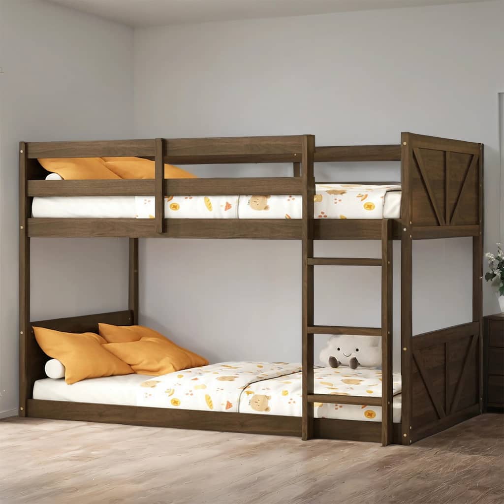 Twin over Twin Floor Bunk Bed w/ Headboard,Footboard,Safety Guardrails