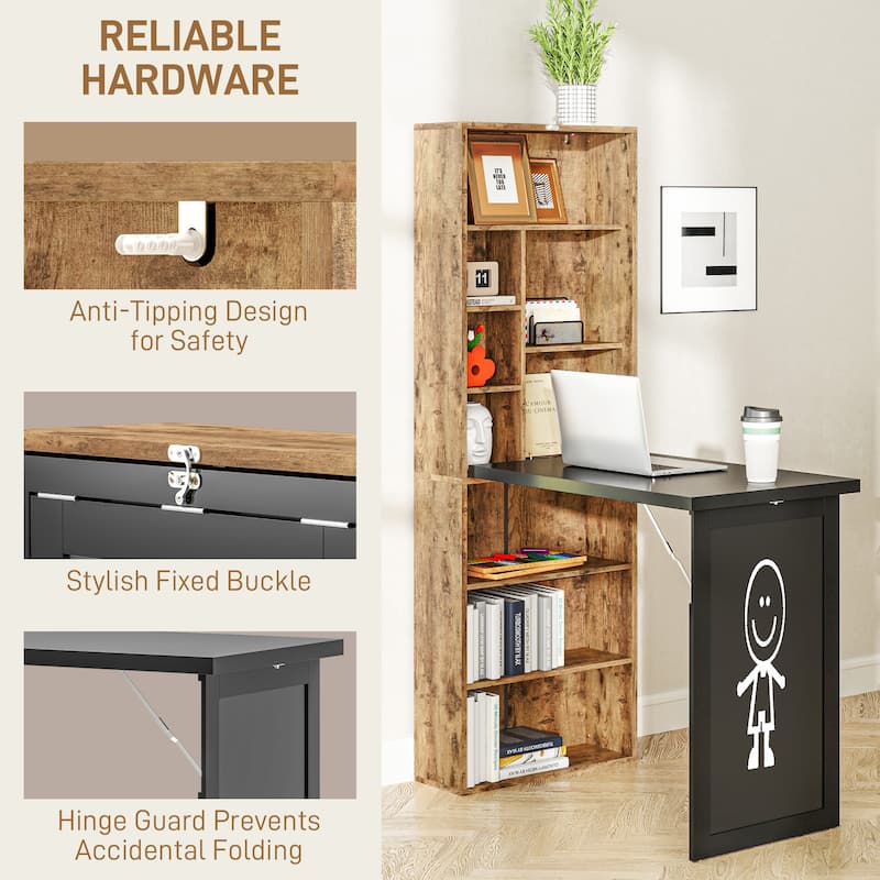 HOMCOM Convertible Folding Desk with Blackboard and Side Shelf Multi-Function Computer Office Workstation