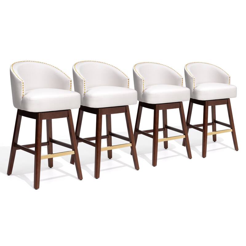 26.4"/31.9"H Height Upholstered Solid Wood Swivel Bar Stools - Set of 4 - Ivory White - 4PC - Bar Height