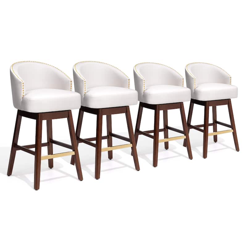 Bar Stools PU Leather / Linen Fabric Upholstered Wood Swivel Barstool Set of 2 or 4 - Set of 4 - Ivory-White-31.9 inch seat height