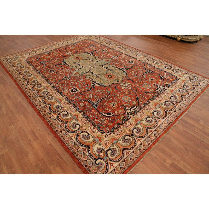 Hand Knotted Traditional Wool Orange Geometric Area Rug - 12' 1'' X 9' 1''