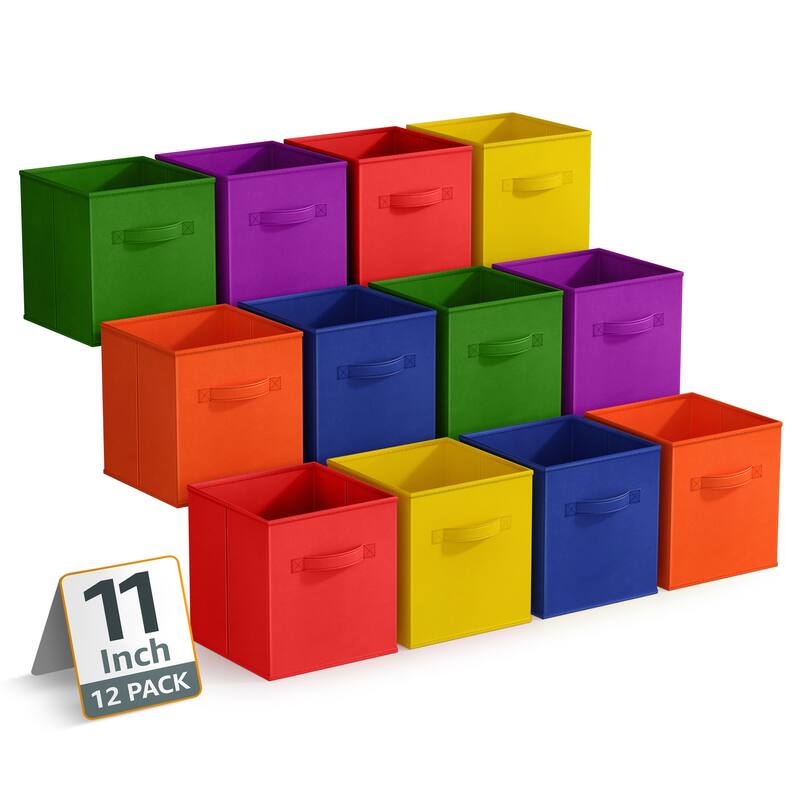 Sorbus 12 Pack Storage Bins - Sturdy Fabric Cubes with Handle - 10.5" L x 10.5" W x 11" H - Deep Rainbow