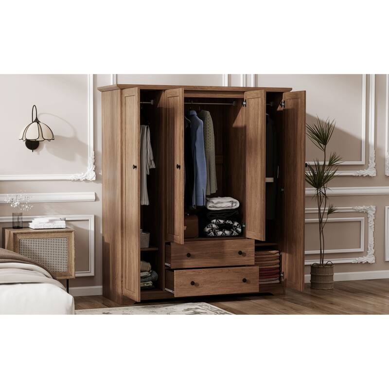 Roomfitters 4-Door Wardrobe Armoire with 2 Drawers and Hanging Rail