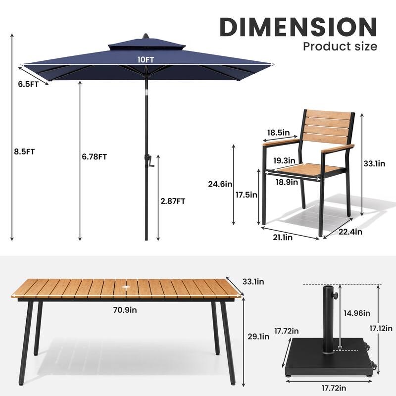 9-Piece Outdoor Dining Set Aluminum Table and 8 Stackable Chairs and 10 ft Umbrella with Base