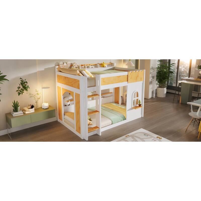 Roomfitters Twin Over Twin/Full Over Full Bunk Bed with Window, Two Doors and Storage Shelves, Natural and White