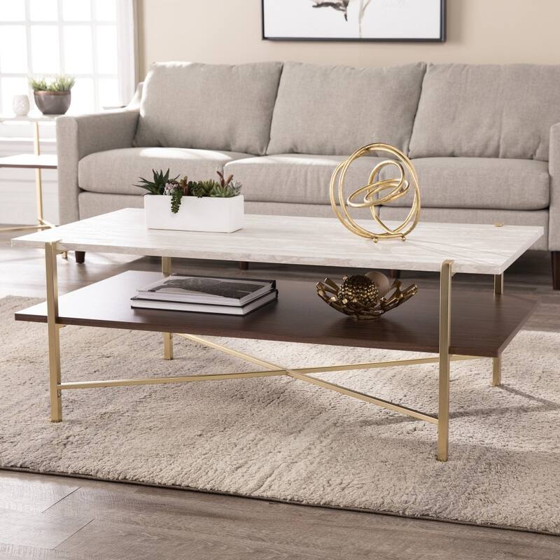 47" Modern Rectangular Coffee Table Brass Finish Metal with Faux Marble Top and Shelf - 47.25”L x 25.5”W x 18”H