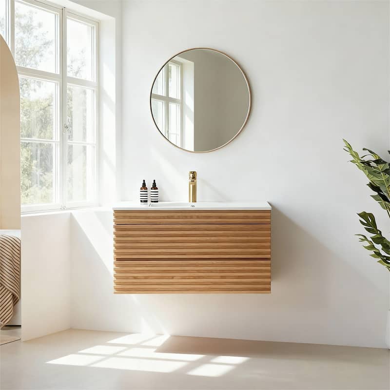 Modland 36" Wall Mount Bathroom Vanity with Ceramic Sink - 2 Soft-Close Drawers,Silk Mist Oak - 36 inch - 36 inch