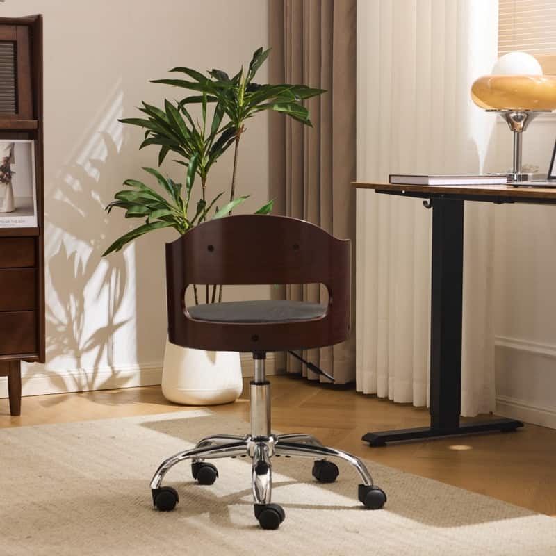 Ring-Shaped Wooden Back Office Chair With Foot Spikes And Wheels