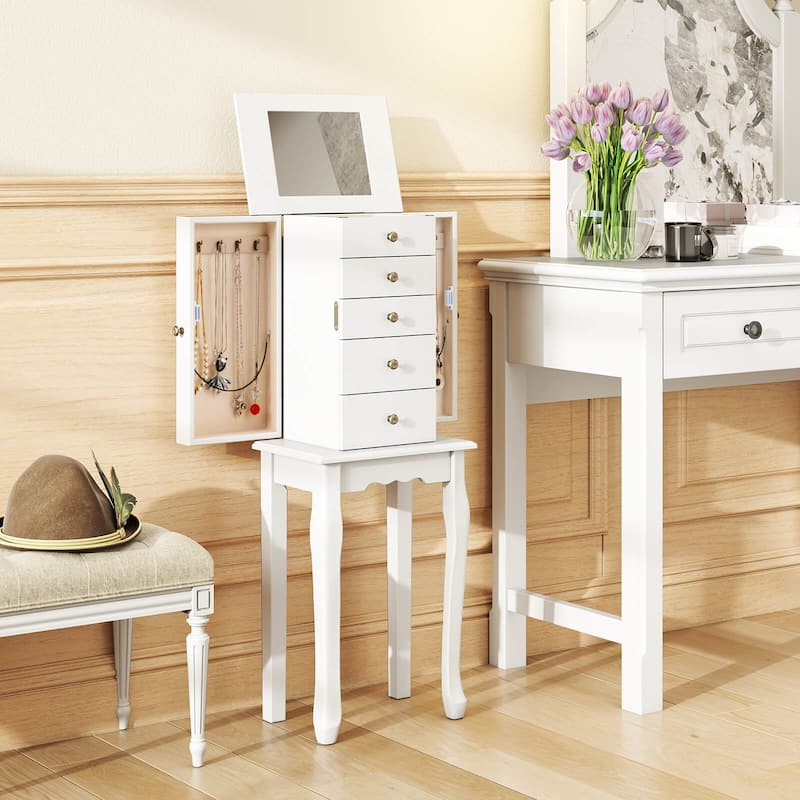Costway Jewelry Cabinet Storage Chest Standing Organizer Mirror White - See Details