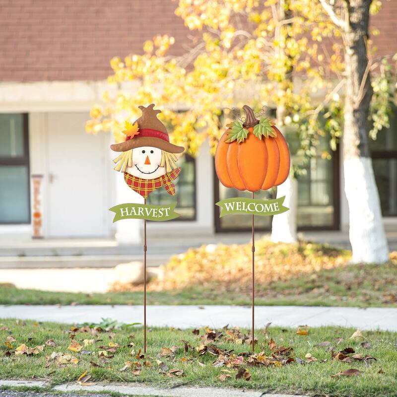 Glitzhome Fall Thanksgiving Metal Pumpkin Scarecrow Football Turkey Yard Stakes - 36"H Scarecrow & Pumpkin