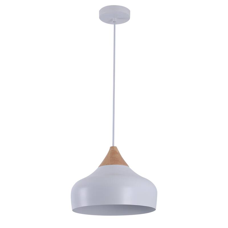 Aurora 13 in. 60-Watt 1-Light Pendant Light with Metal Round Shade and Natural Rubber Wood Top