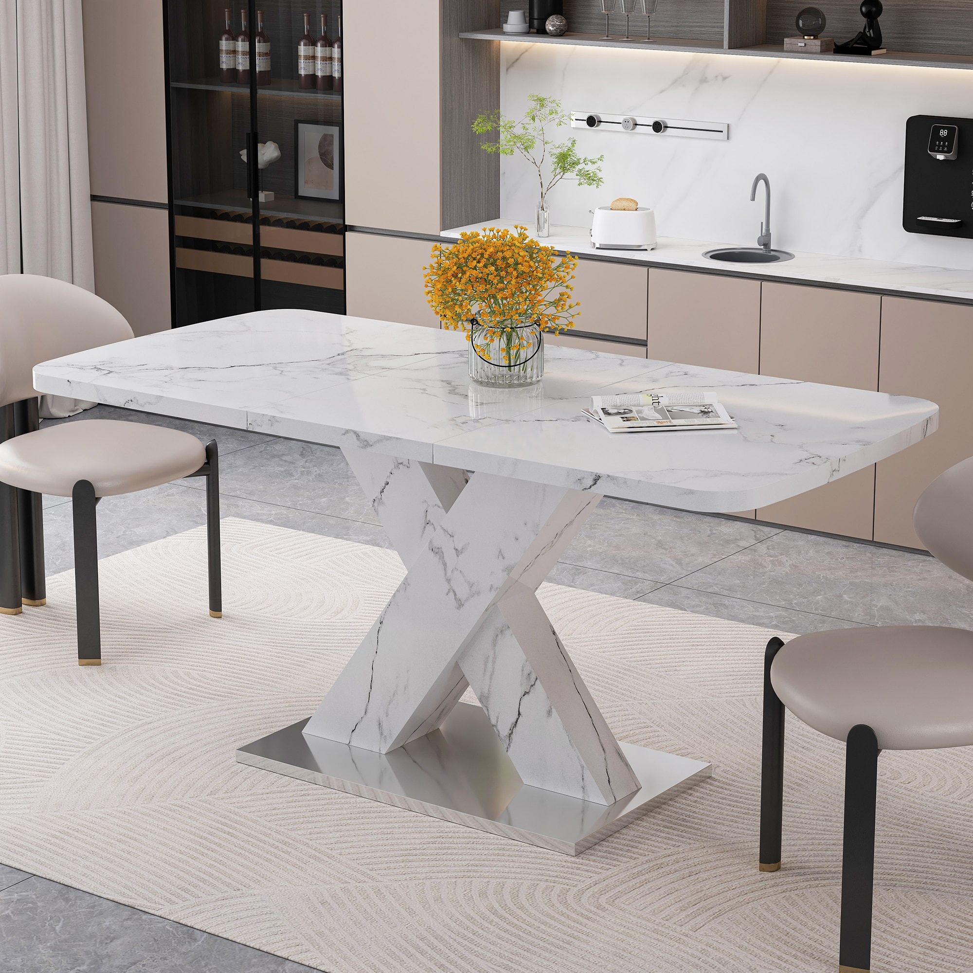 Modern Square Dining Table, Stretchable,Table Top+MDF X-Shape Table Leg with Metal Base
