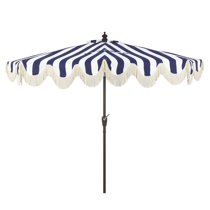 9ft Half Market Umbrella, Scalloped, Crank, Tilt, UV, by JONATHAN Y - Navy/White/White