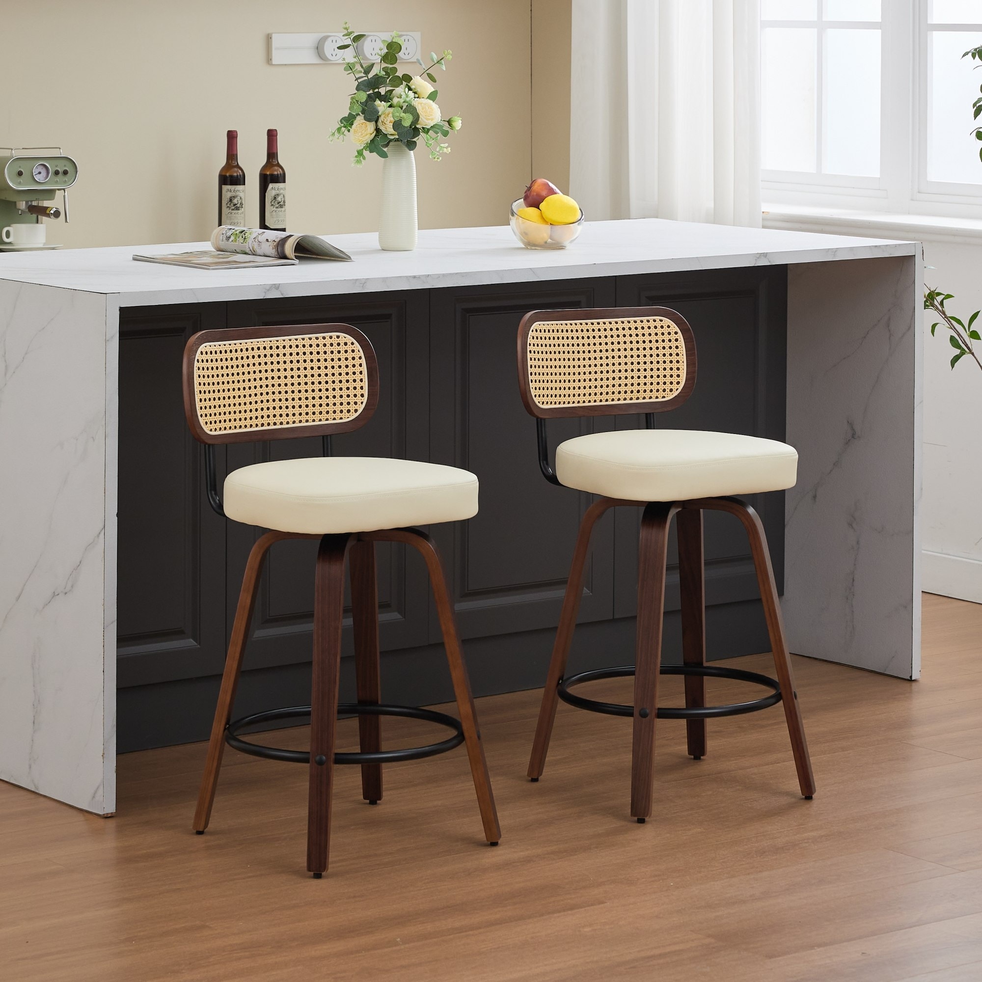26" Counter Height Barstools Set, 360 Degree Swivel Bar Stools with Padded Seat, Ergonomic Cane Backrest and Metal Footrest