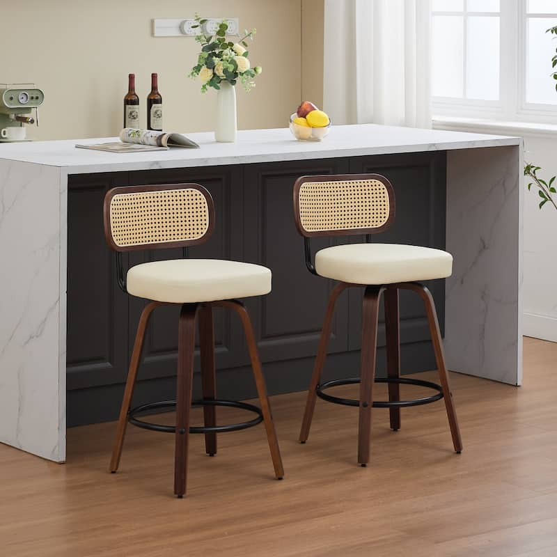 360° Swivel Upholstered Bar Stools Set of 2, 26"H Rattan Counter Height Stools with Cane Back & Wood Frame for Kitchen Island