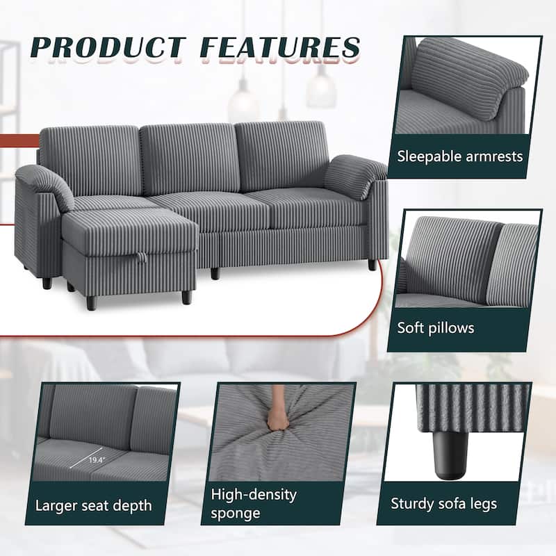 Futzca 79'' Corduroy Sectional Sofa Couch with Removable Pillow