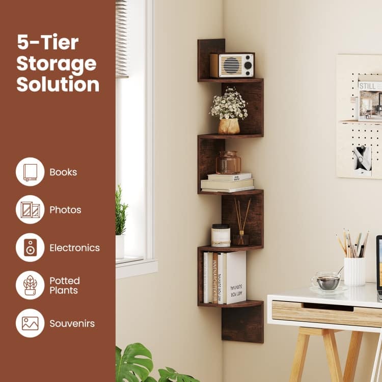 5-Tier Wall Mounted Floating Corner Shelf Engineered Wood Storage Organizer