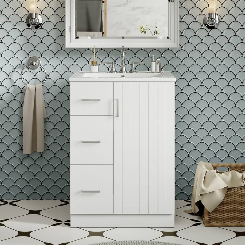 24" Modern Bathroom Vanity with Sink, Small Bathroom Sink Cabinet with 2 Drawers and Soft-Closing Door - White