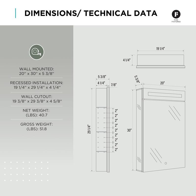 Bathroom Medicine Cabinet, Aluminum, Recessed/Surface Mount, Mirrored Interior w/LED