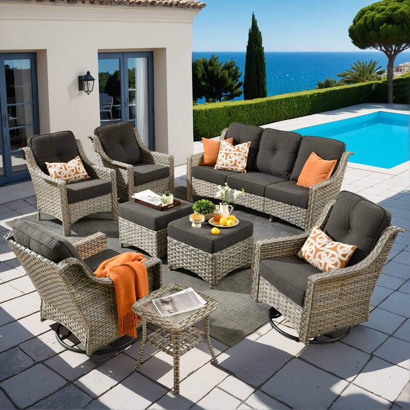 OVIOS 8-piece Patio Wicker Swivel Rocking Chair Set With Ottoman - Black