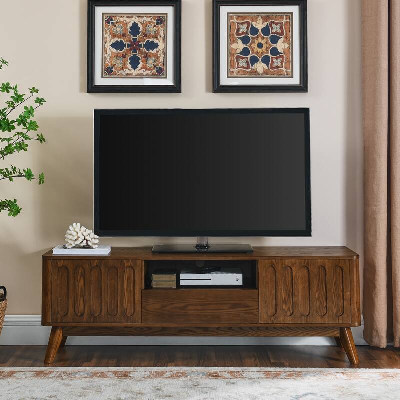 59" Mid-Century Fluted TV Stand for 65" TVs, Modern Wood Entertainment Center with Storage, 2 Doors & 1 Drawer - Walnut