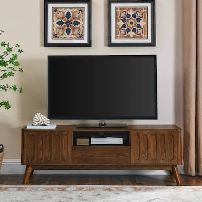 Walnut 59" Mid-Century TV Stand with Wood Legs, Doors & Drawer for 65" TVs