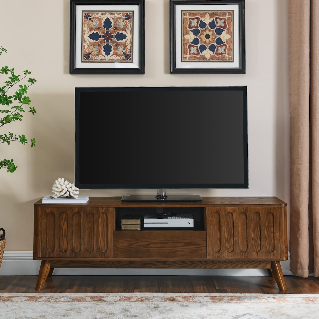Walnut Mid Century Modern 59" TV Stand with Solid Wood Leg, 2 Doors and 1 Drawer for 65 Inch TVs
