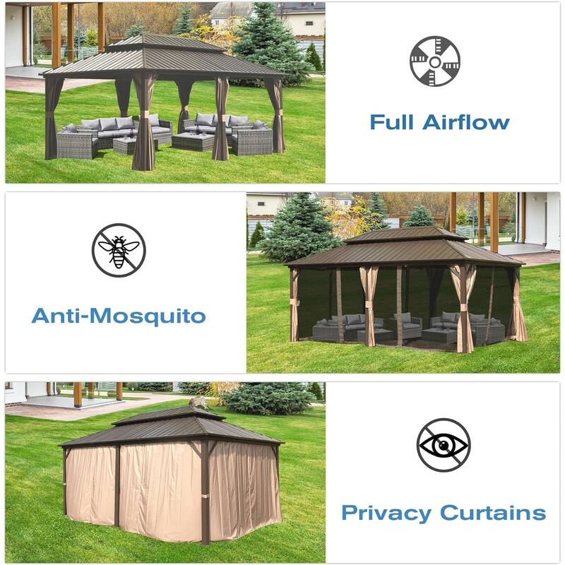 12' x 20' Outdoor Aluminum Hardtop Gazebo with Galvanized Steel Double Roof with Curtain and Netting